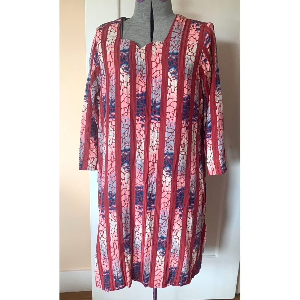 Vintage Red Mosaic Stripe Long Sleeve Tunic Dress with Pocket Size L
